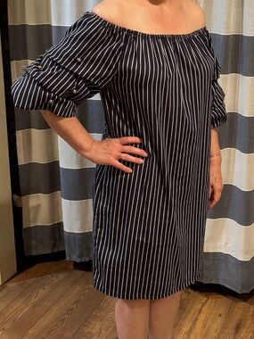 Westport Navy and White off-the-shoulder Striped Dress